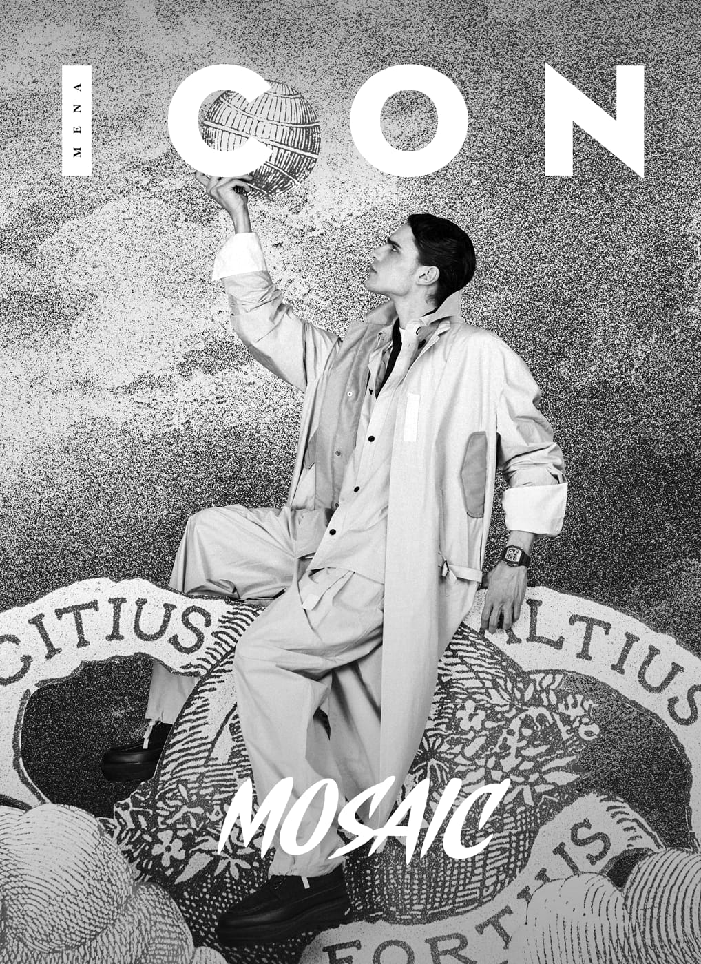 ICON MENA cover: a model in sand-toned tailoring seated on a carved medallion, holding a globe