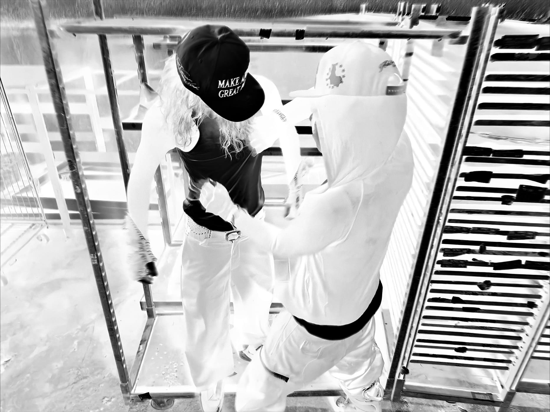 Overhead frame of two figures in white and black among steel racking